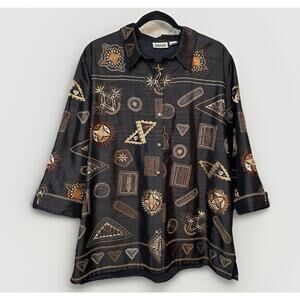 VTG Chicos 3/XL 100 Silk Folk Tribal Art Embroidered Lined Tunic Button Jacket